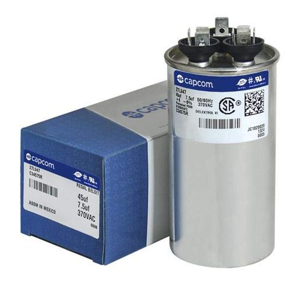 27L947 45 + 7.5 uf MFD 370 Volt VAC - Replacement Round Run Capacitor by CAPCOM