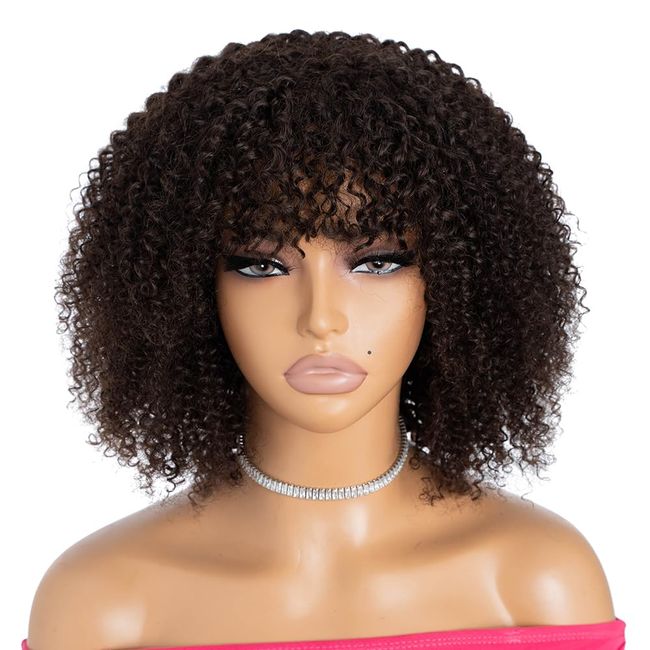 Rebecca Fashion Afro Kinky Curly Wig with Bangs Human Hair Short Curly Wigs for Black Women Wear to Go Wigs 150 Density Brazilian Virgin Hair (#1B)