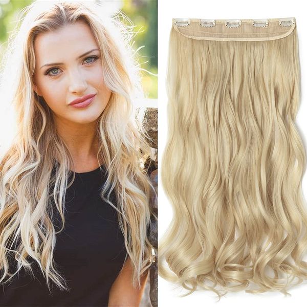 24 Inch One Piece 5 Clips Matte Material Hair Extension Curly Wavy Clip In Hairpiece Synthetic For Women Beauty, Golden Mix Bleach Blonde