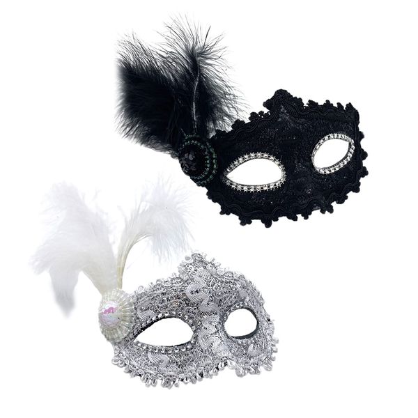 TSHAOUN 2 Pieces Masquerade Mask with Feather Women Venetian Mask Halloween Party Cosplay Mardi Gras Mask Carnival Eye Mask for Fancy Dress Lace Mask Costume Party (Black and White)