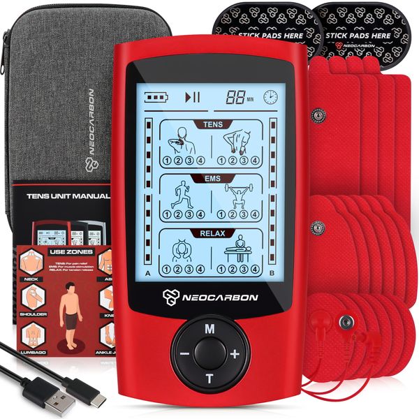 TENS Unit Muscle Stimulator, EMS Massager Machine for Shoulder, Neck, Sciatica and Back Pain Relief, Electronic Pulse Massage Physical Therapy, Red