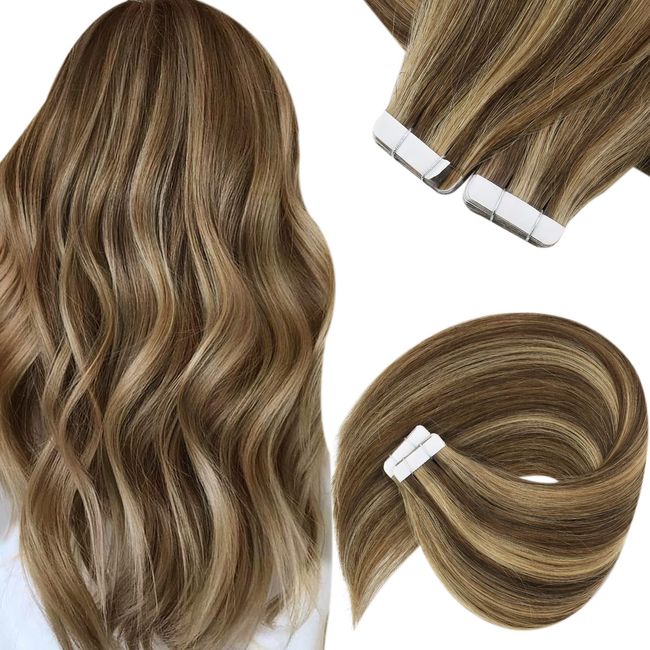 Sunny Human Hair Weft 20 inch Medium Brown and Caramel Blonde Highlights  Real Human Hair 100g