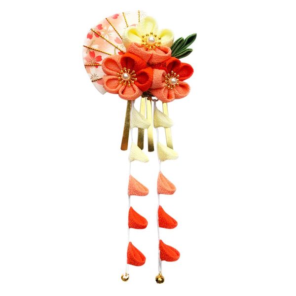 CRB Fashion Womens Girls Japanese Kimono Flower Kanzashi Hair Ornament Tie Band Clip (Orange) Small