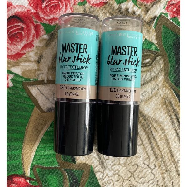 2~Maybelline Master Blur Stick Makeup Primer 120 Light Medium Pore Minimizer NEW