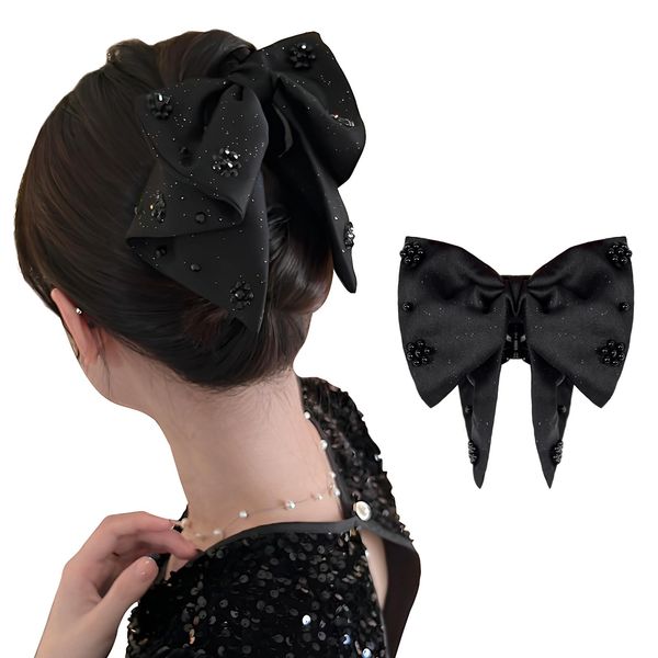 KXF Silky Satin Bow Hair Claw Clip French Barrette with Rhinestone Soft Bow Knot Ribbon Hairpin Aesthetic Hair Accessories for Women