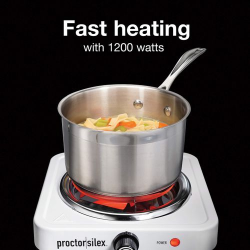 Proctor Silex Electric Stove, Single Burner Cooktop, Compact and Portable, Adjustable Temperature Hot Plate, 1200 Watts, White & Stainless (34106)