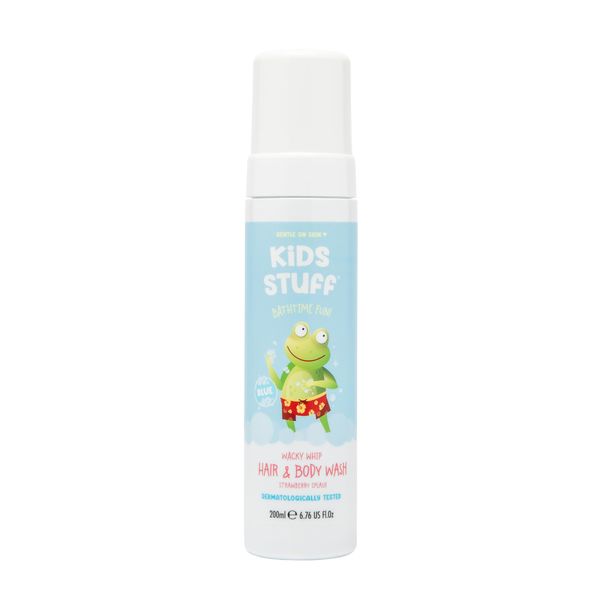 Kids Stuff Blue Wacky Whip Foaming Hair & Body Wash with Strawberry Swirl Fragrance | Dermatologically Tested Kids Hair & Body Wash | Gently Cleanses Hair & Skin | Vegan | Cruelty Free | 200ml