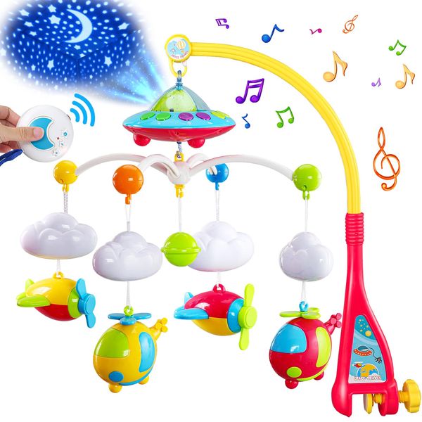 VZO Baby Crib Mobile with Music and Lights, Mobile for Crib with Remote Control, Rotation, Starlight Projection, Crib Toys for Babies Boys Girls (Plane)