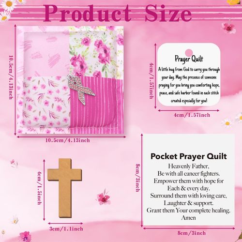 FuWeave 6 Pack Breast Cancer Prayer Quilts with Cross Inside Mini Pocket Pink Ribbon Gifts for Women Bible Verse Comfort Quilts for Cancer Patients Inspirational Comfort Christian Gifts
