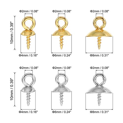 PATIKIL 4mm/6mm/8mm Cup Pearl Screw Eye Pin Peg Pendant, 60 Pcs Eye Pin Pegs with Cap for Earrings Half Drilled Beads Making, Gold&Silver