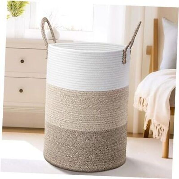 Laundry Basket,Woven Cotton Rope Laundry Hamper,for 60L Brown & White