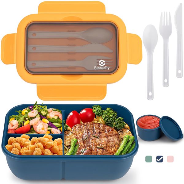 Sinnsally Lunch Box,1250ml Stackable Bento Box for Kids Adults,Packed Food Container with 3 Compartments and Cutlery Set,Layered Lunchbox,Leakproof, Rectangle,Microwave and Dishwasher Safe(Bule)