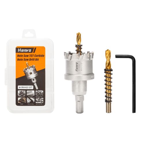 Henvo Hole Saw 1-1/2" (38mm) Heavy Duty Carbide with 2 Pilot Drill Bits - Metal Hole Cutter Cuts Stainless Steel, Iron, Copper, Brass, Plastic