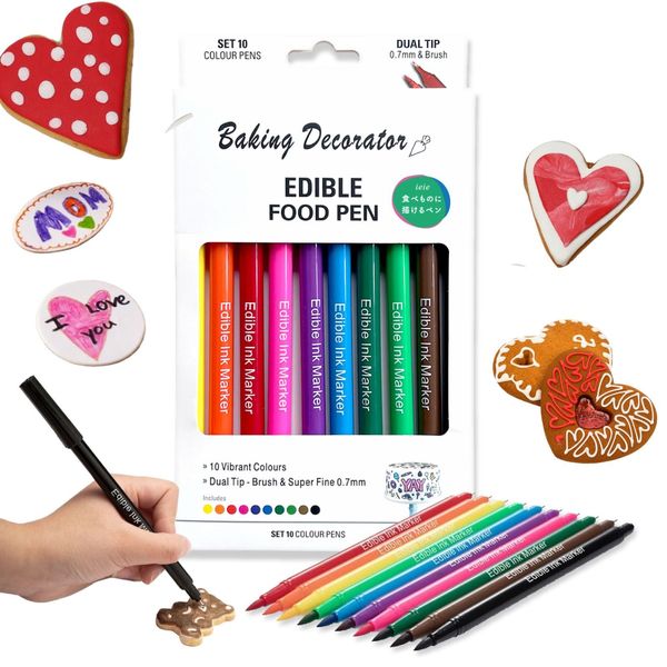 Food Pen, Set of 10 Colors, Coloring, Edible Ink, Edible Pigment, Icing Cookies, Chara Benches, Christmas, Baking and More (Single Item)