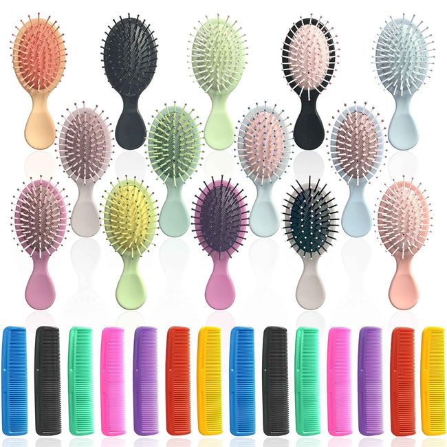 28 Pieces Mini Hair Brush, Detangling Hair Combs Set, Include 14 Travel Mini Brush for Hair 14 Fine Wide Hair Combs Wet Dry Hair for Girls Women Boys Men