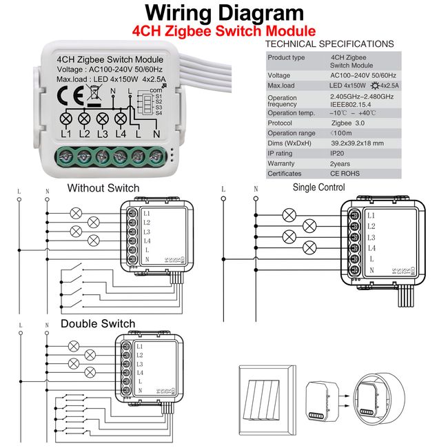 Switch Module 1/2/3/ 4gang/ Way 110V-240V Tuya/Smart Things Hub