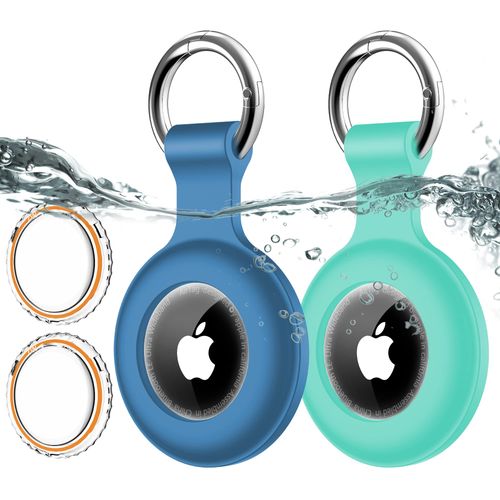 2 Pack,IPX8 Waterproof Airtag Holder[PC+Silicone]with Air Tag Keychain for Apple Air Tags,Full Body Shockproof[Anti-Scratch]Air-tags GPS Item Finders Case for Pets,Bags,Kids,Keys, Luggage-Blue+Green