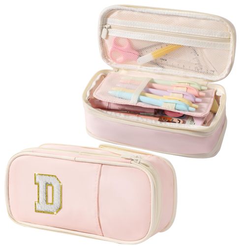 Janhavi Preppy Pencil Case for School Supplies, Large Initial Pencil Pouch with Zipper, Cute Pencil Bag for Office Supplies, Aesthetic Birthday Gift for Kids Teen Girls Adults - Pink D(Chenille)
