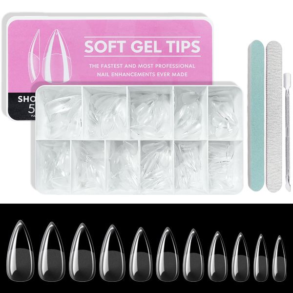 Freeorr 550 Pcs Soft Gel Full Cover Nail Tips with 2 Pcs Nail Files and Cuticle Pusher, 10 Sizes Clear Acrylic Fake Nail Tips with Box, Press On Nail Kit for Soak Off Nail Extensions(Short Stiletto)