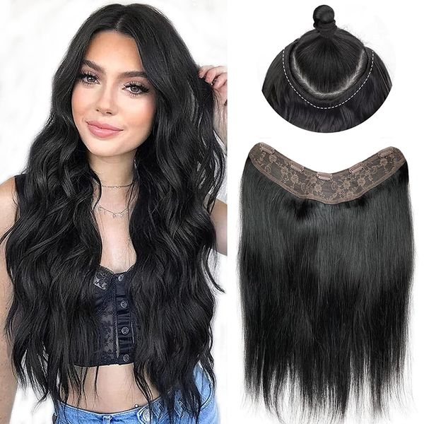 Smartinnov Clip in Hair Extensions Real Human Hair Jet Black 3/4 Full Head Clip Hair with 5 Secure Clips 16Inch One Piece V Shape Hairpiece Clip on Hair Extensions 80G for Women with Thinning Hair