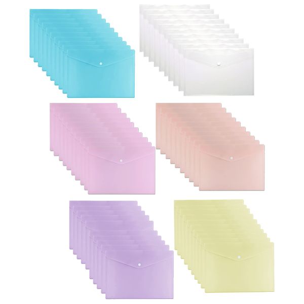 100 X Clear Document Wallets and 100 X Pastel Document Wallet Assorted Colours Plasstic Folder with Stud Button Closure for Office School and Paper Work