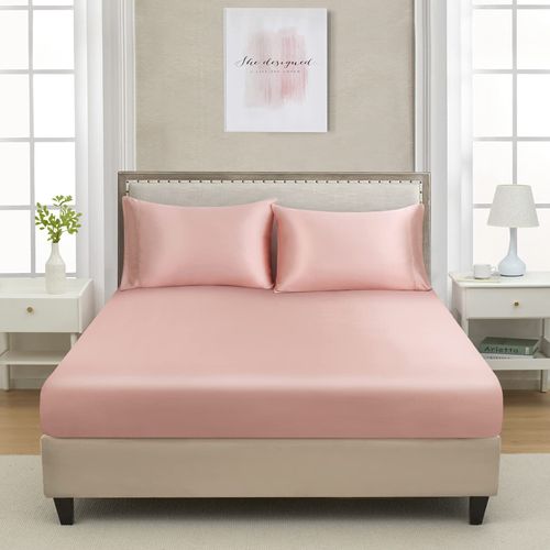 Full Silk Satin Fitted Sheet, Soft Deep Pocket Single Bottom Bed Sheets Sold Separately, Wrinkle Free, Non- Fading, Breathable, Fully Elasticized(Full Size, Blush)