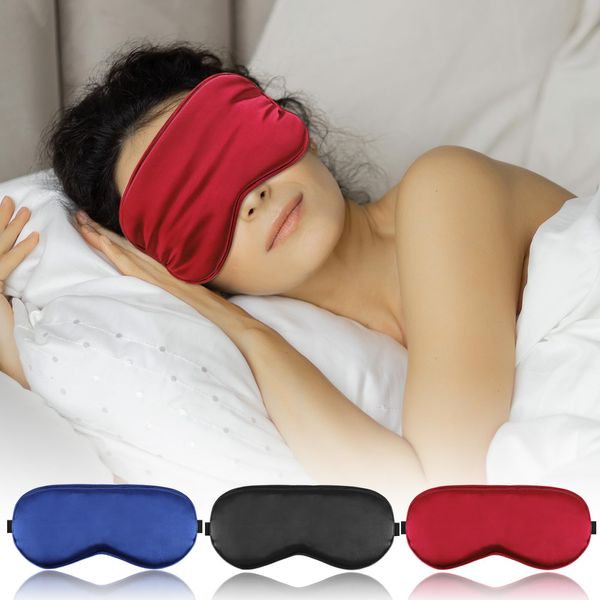 FlyCoco 3PCS Silk Eye Mask for Sleeping, Soft Comfortable Sleep Masks with Adjustable Strap, Light Blocking Night Masks, Blackout Eyes Covers for Aldult Women Men Travel Airplane, Blue+Black+Red