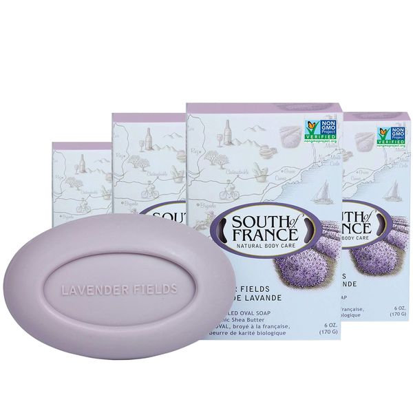 Lavender Fields Natural Bar Soap by South of France Natural Body Care | Triple-Milled French Soap with Organic Shea Butter + Essential Oils | Vegan, Non-GMO Body Soap | 6 oz Bar – 4 Pack