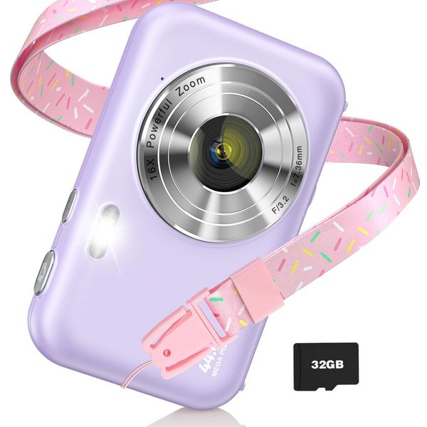 Digital Camera, FHD 1080P Kids Camera with Neck Lanyard 32GB Card, Anti-Shake 16X Digital Zoom, 44MP Point Shoot Cameras, Compact Small Gift Camera for Kid Teen Student Girl Boy(Purple)