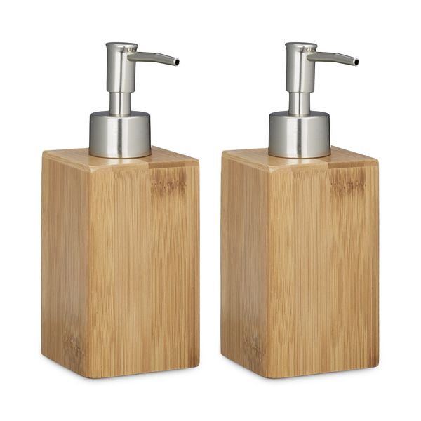 Relaxdays Bamboo Square Soap Dispenser, Manual, Size: 18 x 6.5 x 8 cm, Lotion Dispenser, Natural