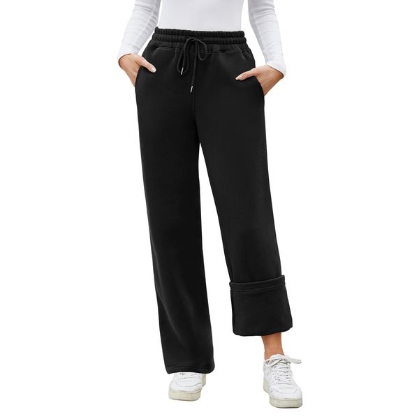 Niwicee Damen Gefütterte Jogginghose Warme Thermo Freizeitthose Sporthose mit 2 Taschen, High Waist Sweatpants Verdickte Winter Fleecehosen Komfortable Damenhose Joggers (Schwarz, M)