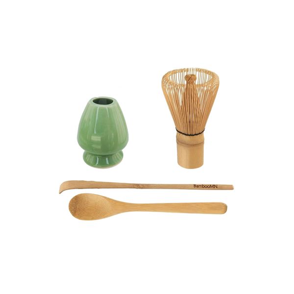 BambooMN Brand - Matcha Green Tea Whisk Set - Whisk + Scoop + Tea Spoon + Soft Light Green Whisk Holder