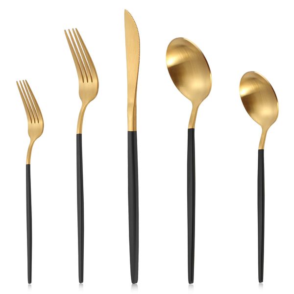 Matte Gold Silverware Set With Black Handle, LAZAHOME Stainless Steel Flatware Cutlery Set Service for 4, 20-Piece Kitchen Utensil Set Include Spoons And Forks Set, Dishwasher Safe.