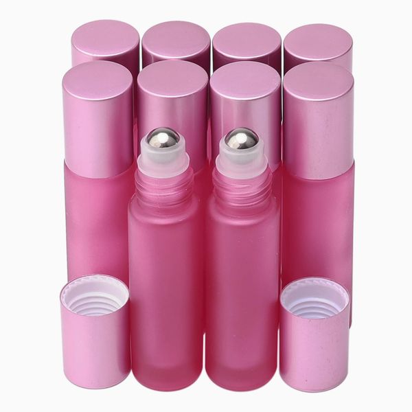 Pxyelec 10 Pack - 10ml Refillable Frosted Glass Roller Bottles Vials with Stainless Steel Roller Ball and Aluminum Cap - Pink Color