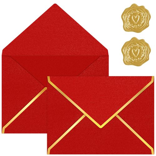 30 Pack 5x7 Envelopes for Invitations, 250g Small Red Envelopes Business Mailing Envelopes with Gold Foil V Flap Gold Seal, A7 Envelopes for Wedding Thank You Cards Birthday Baby Shower Cards(Red)
