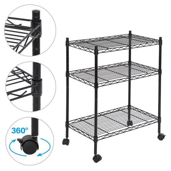 Durable Shelving Storage Unit 2" Wheel Casters Steel Organizer Wire Rack 3-Shelf