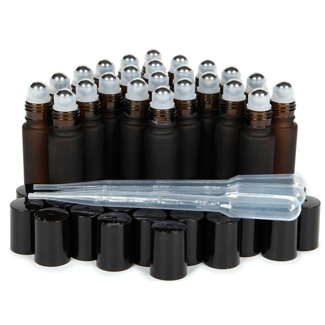 Vivaplex, 24, Frosted Amber, 10 ml Glass Roll-on Bottles with Stainless Steel Roller Balls. 3-3 ml Droppers included