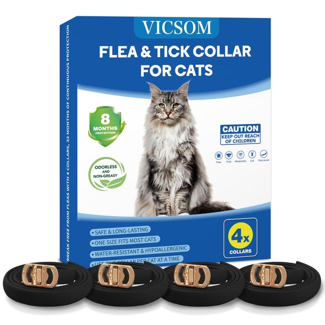 4 Pack Flea Collar for Cats, Cat Flea and Tick Collar 8 Months Cat Flea and Tick Treatment Prevention, Waterproof Adjustable Cat Kitten Flea Collar, Natural Anti Tick and Flea Collar for Cat, Black