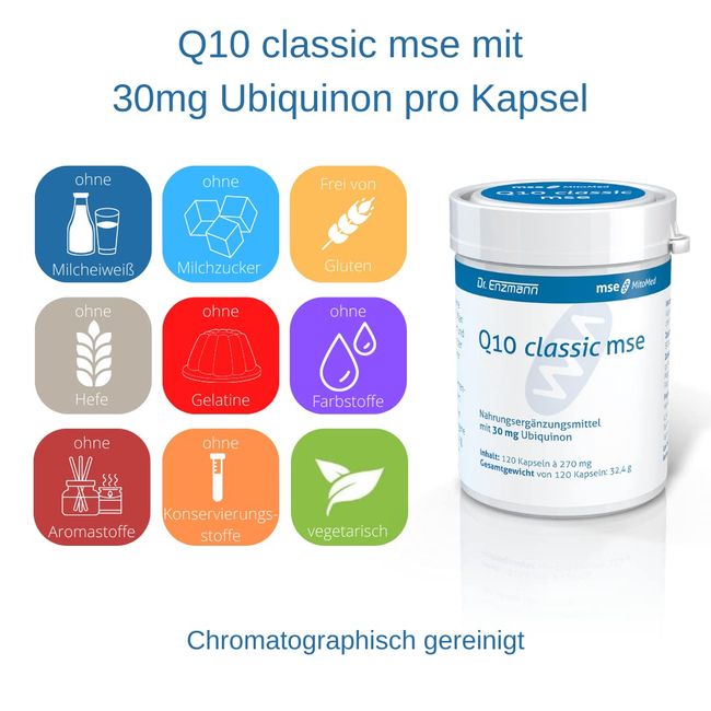 Q10 classic mse Kapseln 30mg (120 Kps für 4 Monate) rein vegan & hochdosiert Kaneka Coenzym Q10, hohe Bioverfügbarkeit, unterstützt das Nerven & Immunsystem, Made in Germany, Dr Enzmann