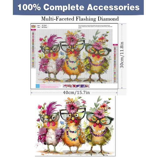 ijbnhd Chicken Diamond Art Kits for Adults, 5D Chicken Diamond Painting Kits for Adults Beginners, Round Full Drill Gem Art Kits for Wall Decor 16x12inch