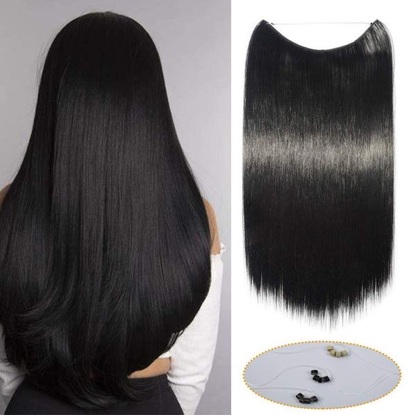 Silk-co One Piece Wire in Hair Extensions Jet Black 20in Long Straight Hairpiece No Clip Synthetic Hair Wire on String