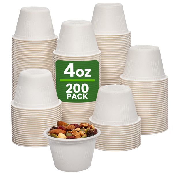 Fit Meal Prep [200 Pack 4 Oz 100% Compostable Disposable Condiment Cups, Biodegradable Bagasse Fiber Souffle Portion Cups, Eco-Friendly Sample Cups for Tasting, Dip Sauce, Snack, Microwave Safe