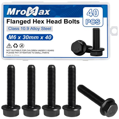 M6-1.0 x 30mm Flanged Hex Head Bolts, 40Pcs Serrated Flange Bolt, Class 10.9 Alloy Steel, Black Oxide, Coarse Thread Fully Threaded, External Flange Hex Drive Screws, DIN6921/GB5789