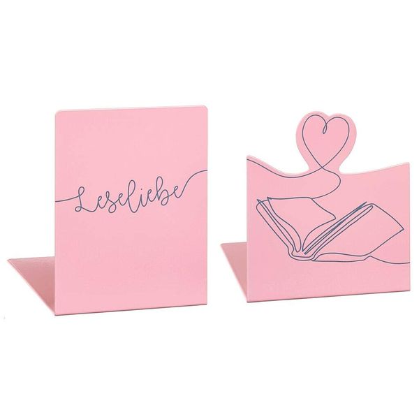 Moses libri_x Bookend Reading Love | Set of 2 Metal Book Stands | Two Metal Bookends with Stylish Print | In Dusky Pink, Normal, 83341