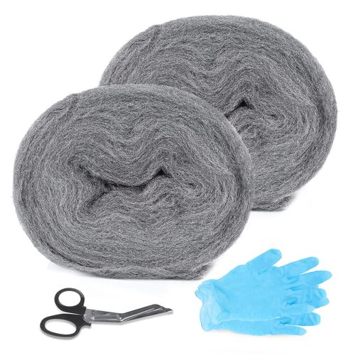 lalago 2 x 4.6 m / 100 g Steel Wool Against Mice, Steel Wool Fine 0000 Against Rodents, Steel Wool, Holes Wall Cracks Mouse Trap Mouse Repellent with Work Gloves Scissors for Home, Garage and Garden