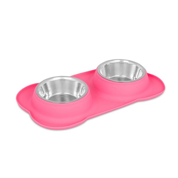 Internet's Best Bone Dog Bowl Set - Double Stainless Steel Pet Food Large Water Bowls - No Spill Silicone Stand - Large Medium Breeds - Pink