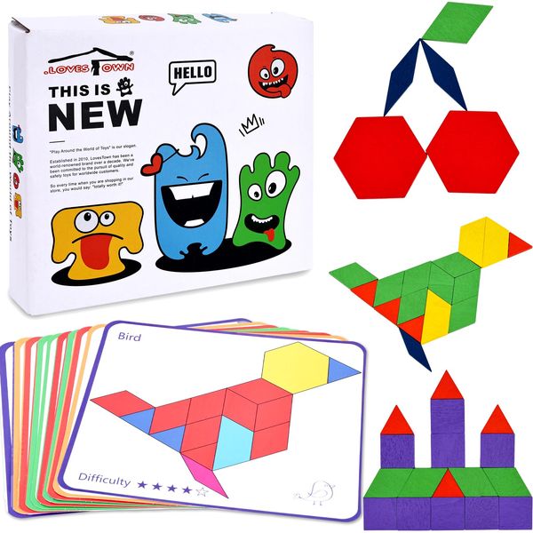 LovesTown 150PCS Wooden Pattern Blocks, Geometric Shapes Blocks Tangram Puzzles for Kids with Cards Educational Toys