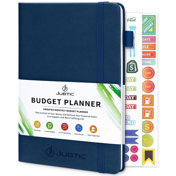 JUBTIC Budget Planner, Monthly Budget Book, 2023-2024 Finance Planner with Expense Tracker Notebook, Account Book for Home Office Work - Undated,12 Month, A5 Size, Navy Blue