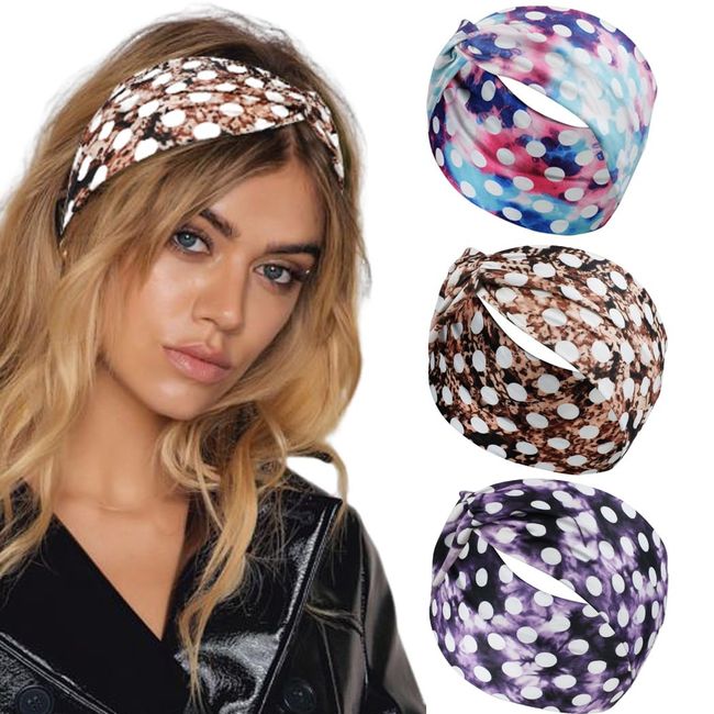 Fashband Bunte Boho-Stirnbänder, elastisch, für Damen, mit weißen Punkten, Haarbänder, Überkreuz-Schal, Yoga-Haarschmuck für Frauen und Mädchen (3 Stück)