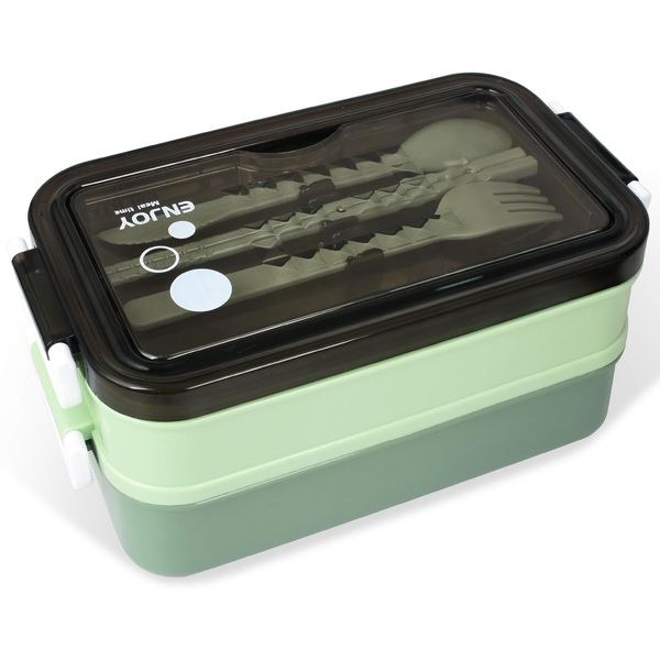 SEGNAYEN Stackable Lunch Box Adults, 1050ml Bento Box with Cutlery Set, 3 Compartments Japanese Lunchbox, Dishwasher & Microwave Safe Meal Prep Storage Containers, Green